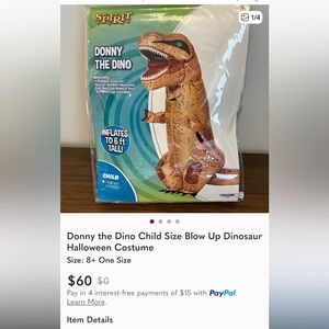 Donny the Dino Child Size Blow Up Dinosaur Halloween Costume